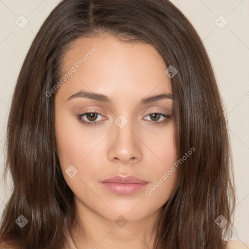 Neutral white young-adult female with long  brown hair and brown eyes