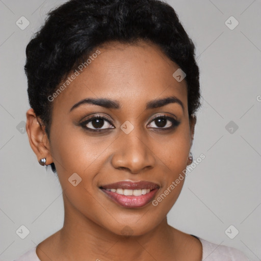 Joyful latino young-adult female with short  black hair and brown eyes