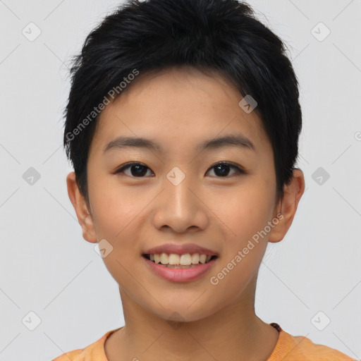 Joyful asian young-adult female with short  black hair and brown eyes
