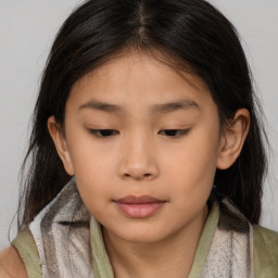 Joyful asian young-adult female with long  brown hair and brown eyes