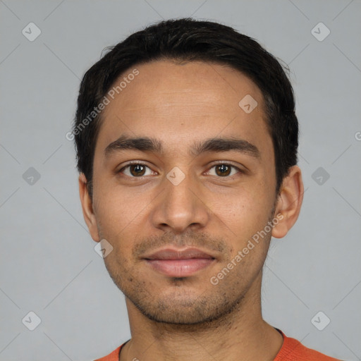 Neutral latino young-adult male with short  black hair and brown eyes