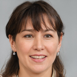 Joyful white adult female with medium  brown hair and brown eyes