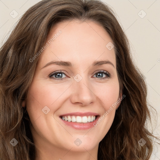 Joyful white young-adult female with long  brown hair and green eyes