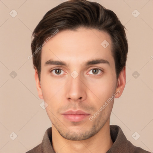 Neutral white young-adult male with short  brown hair and brown eyes