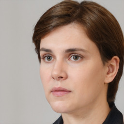 Neutral white young-adult female with short  brown hair and brown eyes