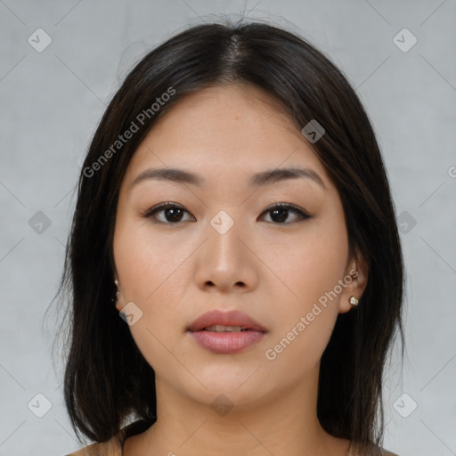 Neutral asian young-adult female with medium  brown hair and brown eyes