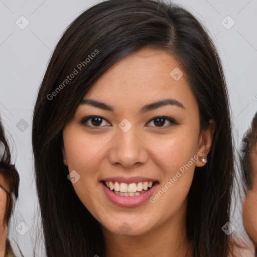 Joyful white young-adult female with long  brown hair and brown eyes