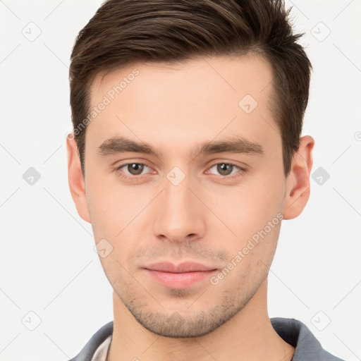 Neutral white young-adult male with short  brown hair and brown eyes