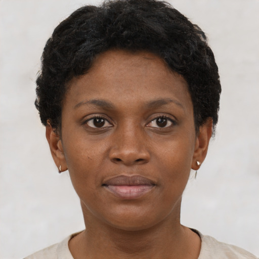 Neutral black young-adult female with short  brown hair and brown eyes