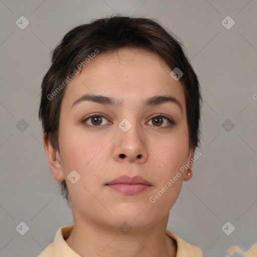 Neutral white young-adult female with short  brown hair and brown eyes