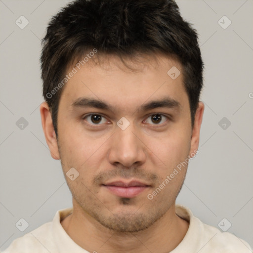 Neutral white young-adult male with short  brown hair and brown eyes