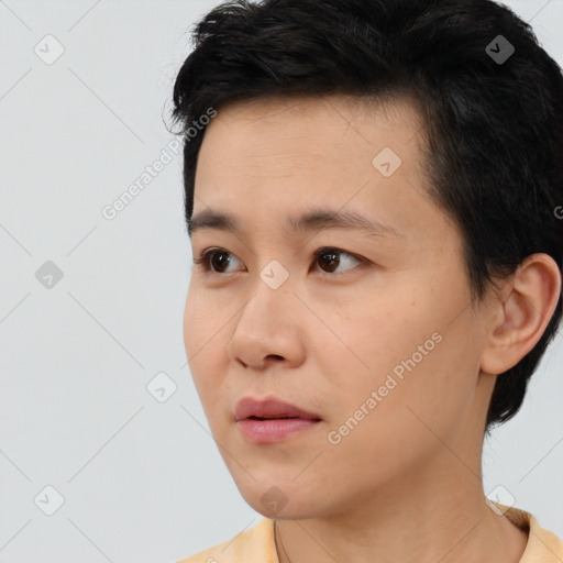 Neutral asian young-adult male with short  black hair and brown eyes