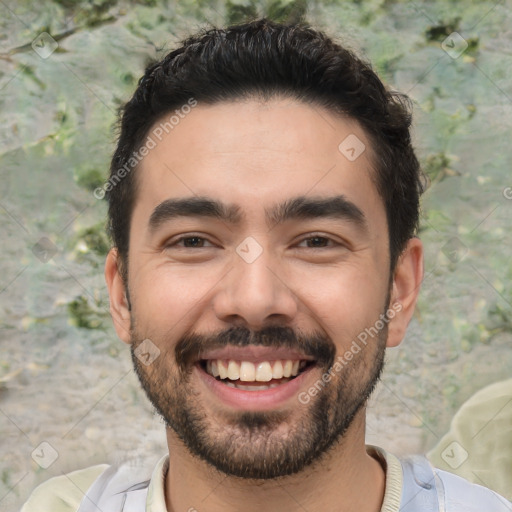 Joyful white young-adult male with short  black hair and brown eyes