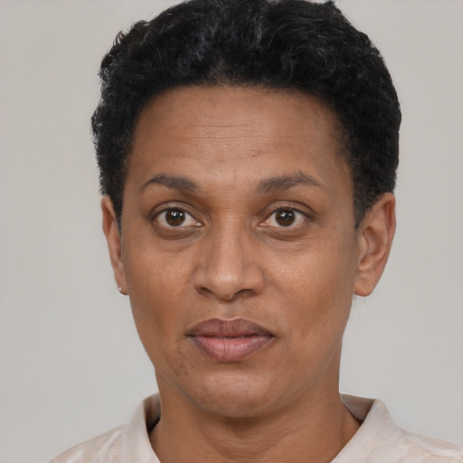 Joyful latino adult female with short  black hair and brown eyes