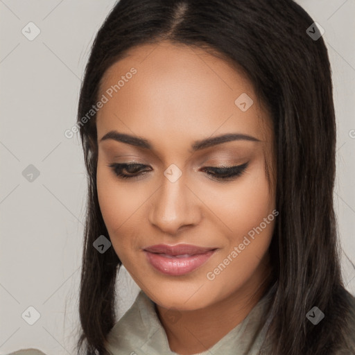 Joyful latino young-adult female with long  brown hair and brown eyes