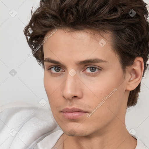 Neutral white young-adult male with short  brown hair and brown eyes