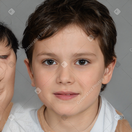 Joyful white child female with short  brown hair and brown eyes