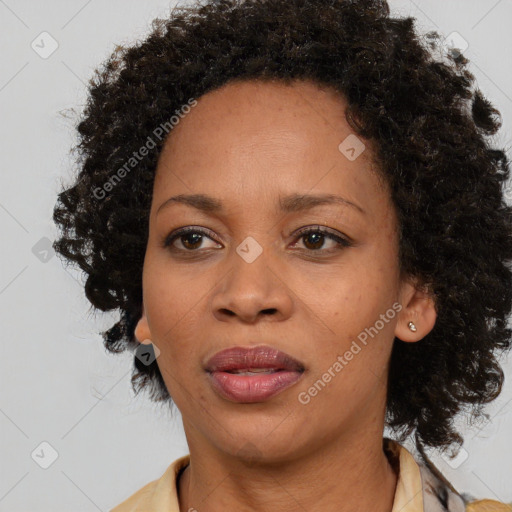 Joyful black adult female with medium  brown hair and brown eyes