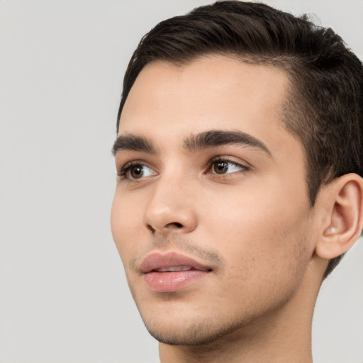 Neutral white young-adult male with short  brown hair and brown eyes