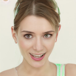 Joyful white young-adult female with short  brown hair and green eyes