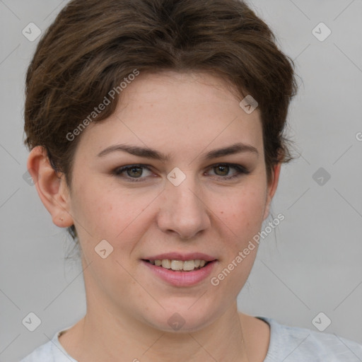 Joyful white young-adult female with medium  brown hair and grey eyes