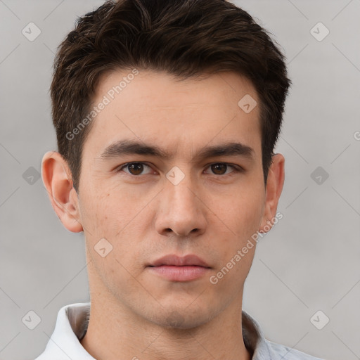 Neutral white young-adult male with short  brown hair and brown eyes