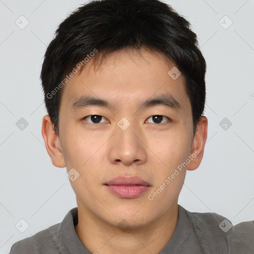 Neutral asian young-adult male with short  brown hair and brown eyes