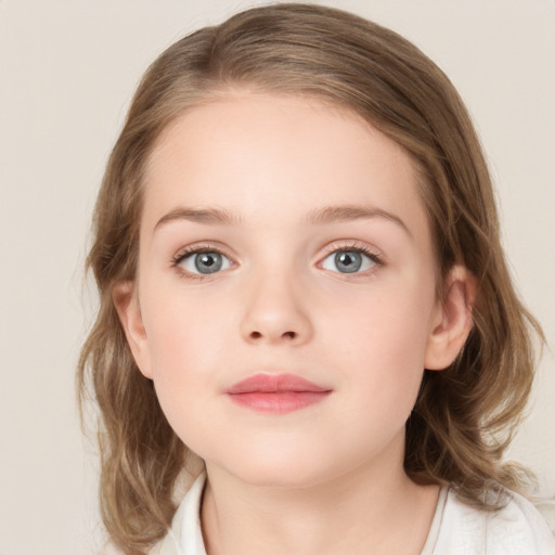 Neutral white child female with medium  brown hair and blue eyes