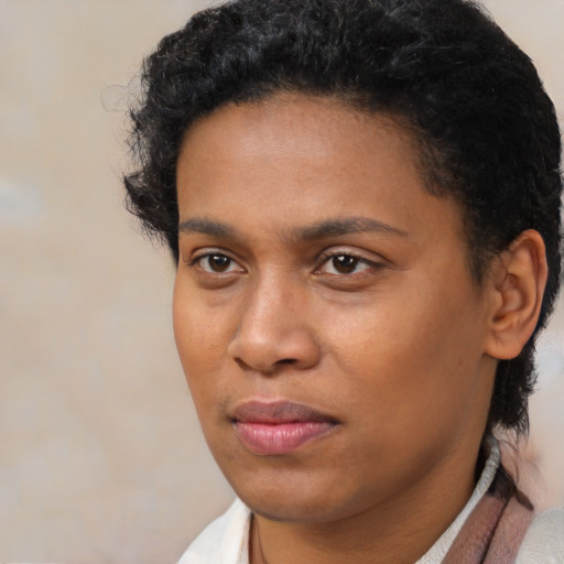 Neutral black young-adult female with short  brown hair and brown eyes