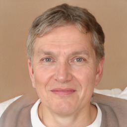 Joyful white middle-aged male with short  brown hair and brown eyes