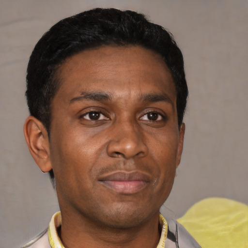 Neutral black adult male with short  brown hair and brown eyes