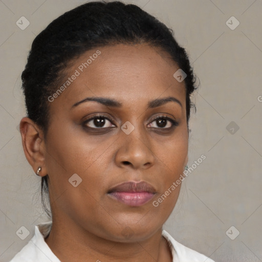 Neutral black young-adult female with short  brown hair and brown eyes