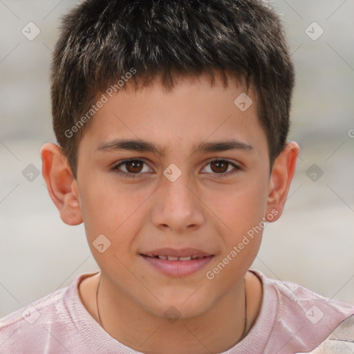 Joyful white child male with short  brown hair and brown eyes