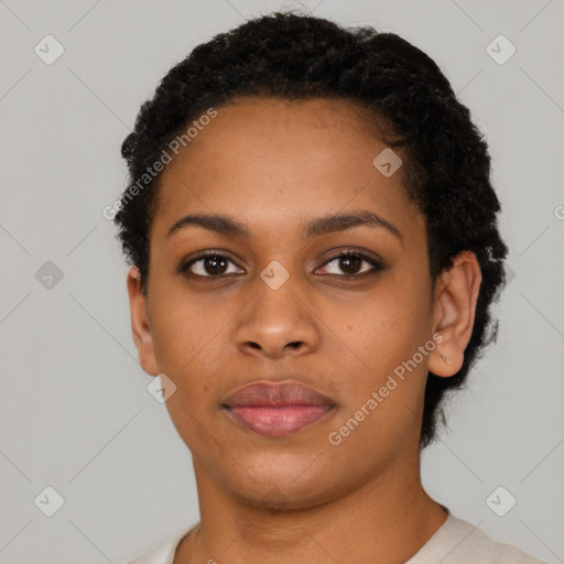 Neutral black young-adult female with short  black hair and brown eyes