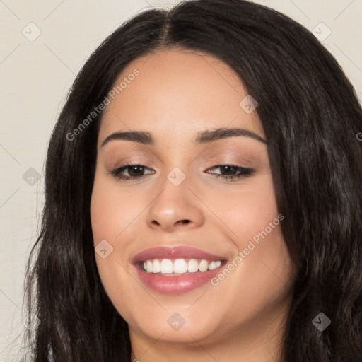 Joyful white young-adult female with long  black hair and brown eyes