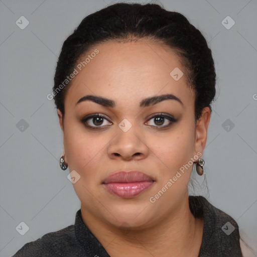 Joyful black young-adult female with medium  black hair and brown eyes