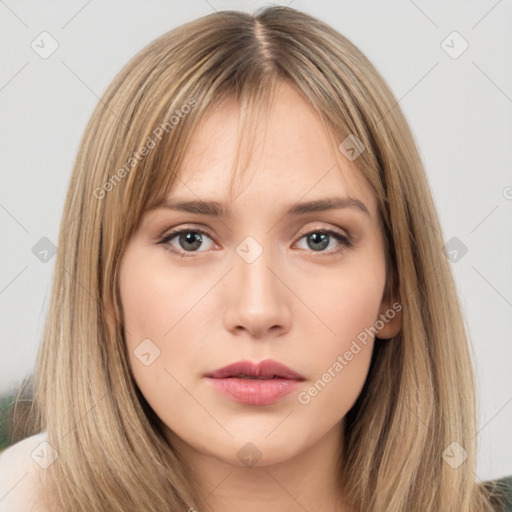 Neutral white young-adult female with long  brown hair and brown eyes