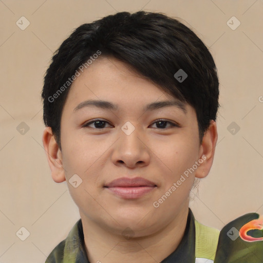 Joyful asian young-adult female with short  brown hair and brown eyes