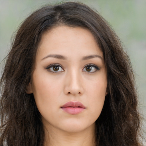 Neutral asian young-adult female with long  brown hair and brown eyes