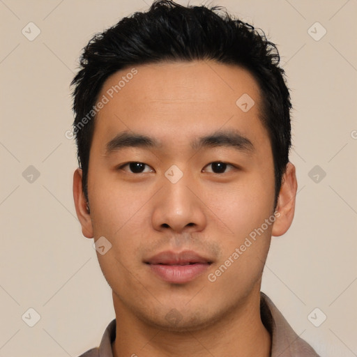 Neutral asian young-adult male with short  black hair and brown eyes