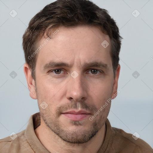 Neutral white young-adult male with short  brown hair and brown eyes