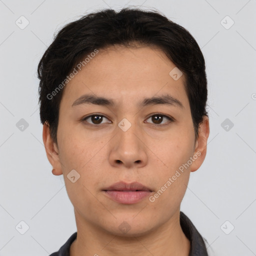 Neutral asian young-adult male with short  black hair and brown eyes