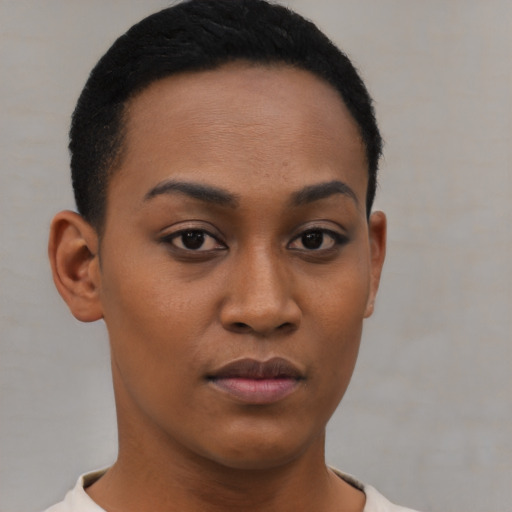 Neutral black young-adult female with short  black hair and brown eyes