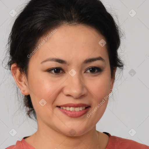 Joyful white adult female with medium  brown hair and brown eyes