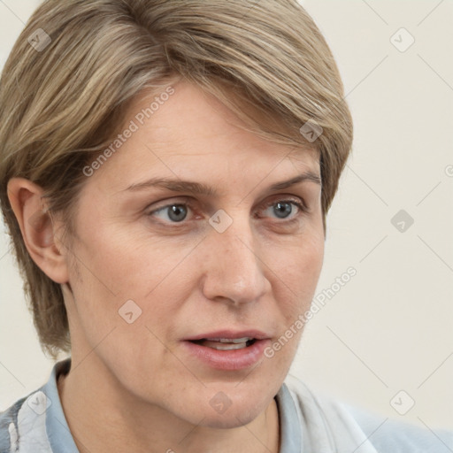 Joyful white adult female with short  brown hair and grey eyes