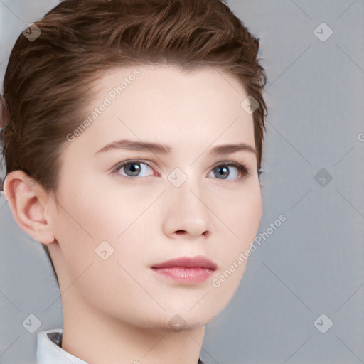 Neutral white young-adult female with short  brown hair and brown eyes