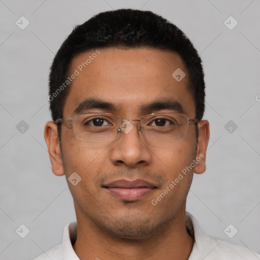 Neutral latino young-adult male with short  black hair and brown eyes