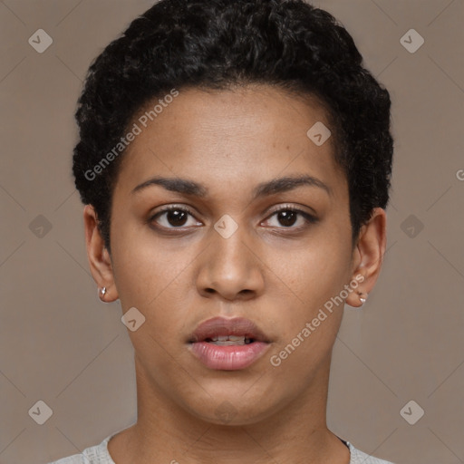 Neutral latino young-adult female with short  black hair and brown eyes