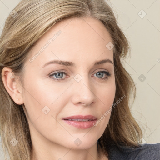 Joyful white young-adult female with long  brown hair and blue eyes