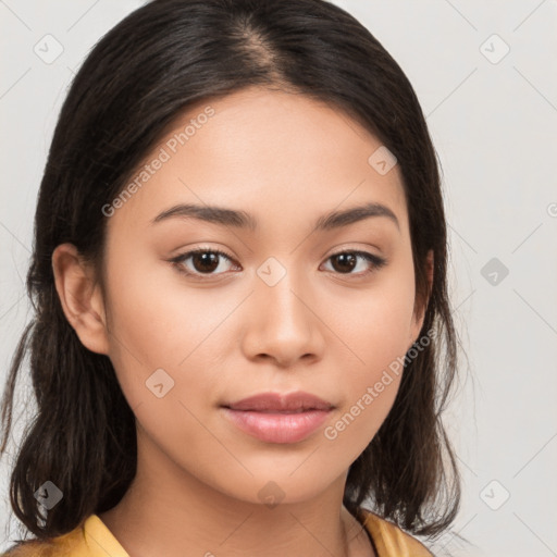 Neutral white young-adult female with medium  brown hair and brown eyes